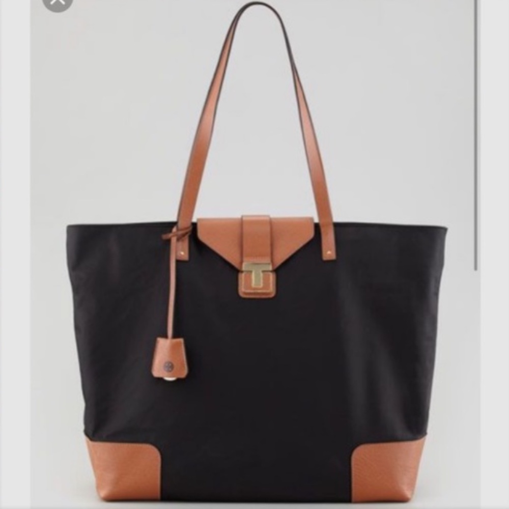 Tory Burch Black Nylon Tote/Camel Accents